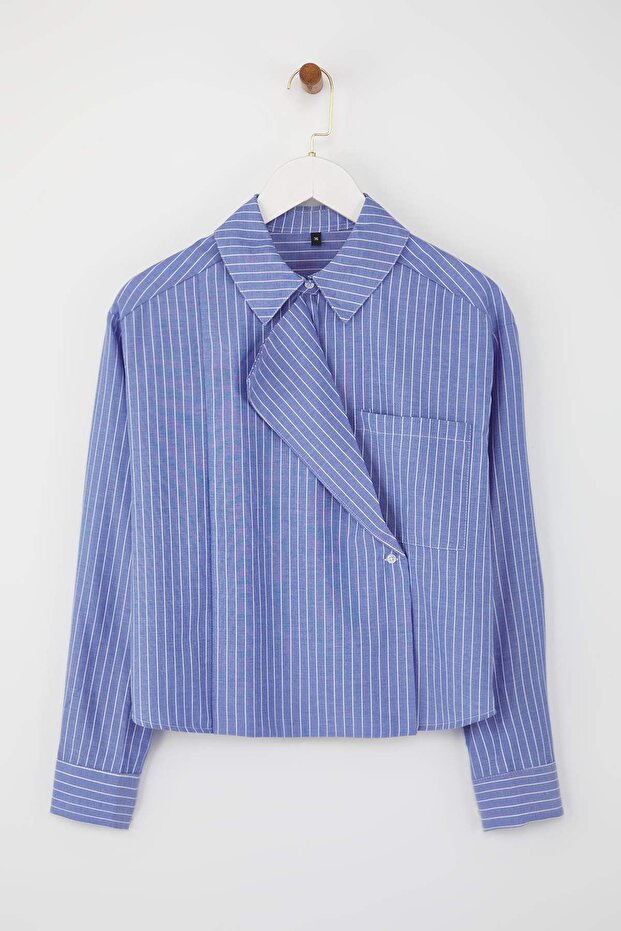 Mavi-Çok Renkli Ceket Yaka Oversize Çizgili Dokuma Gömlek TWOAW26GO00020 - 5