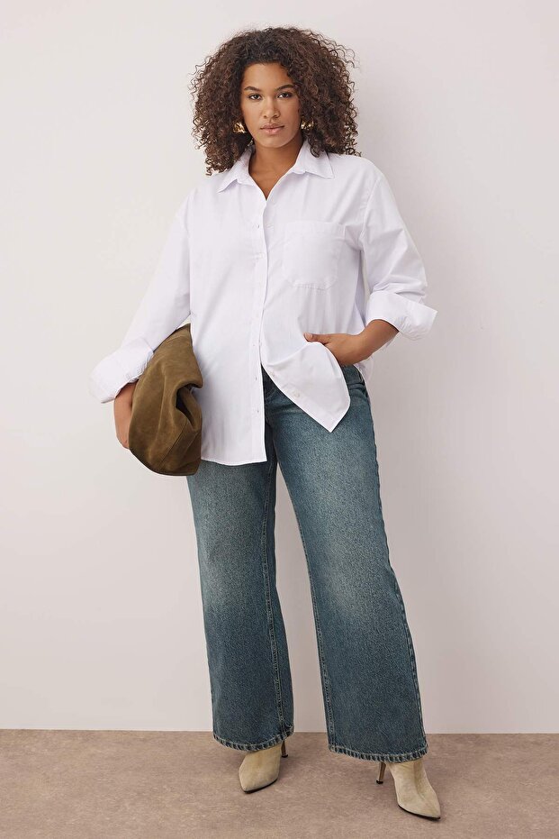 Fehér, laza szabású pamut hosszú ujjú, nagy méretű szőtt ing TBBSS22GO0323 - 2