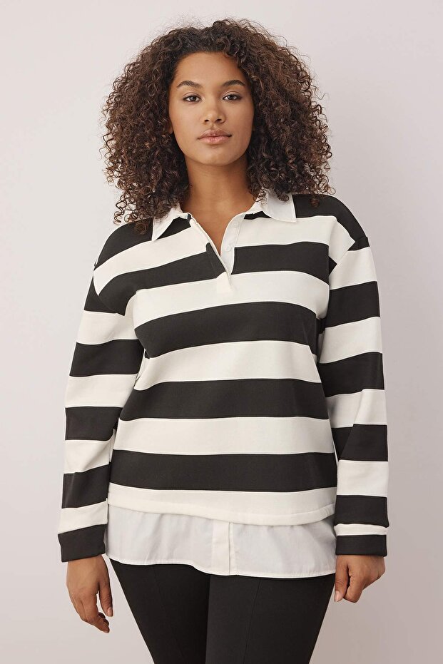 Siyah-Beyaz Çizgili Alttan Gömlek Çıkmalı Örme Büyük Beden Sweatshirt TBBAW25SW00000 - 2