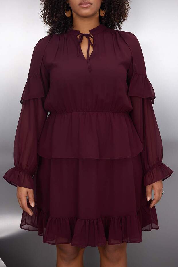 Bordó sifon gumírozott derékú, fodros mini szövésű nagy méretű ruha TBBAW26AH00003 - 4