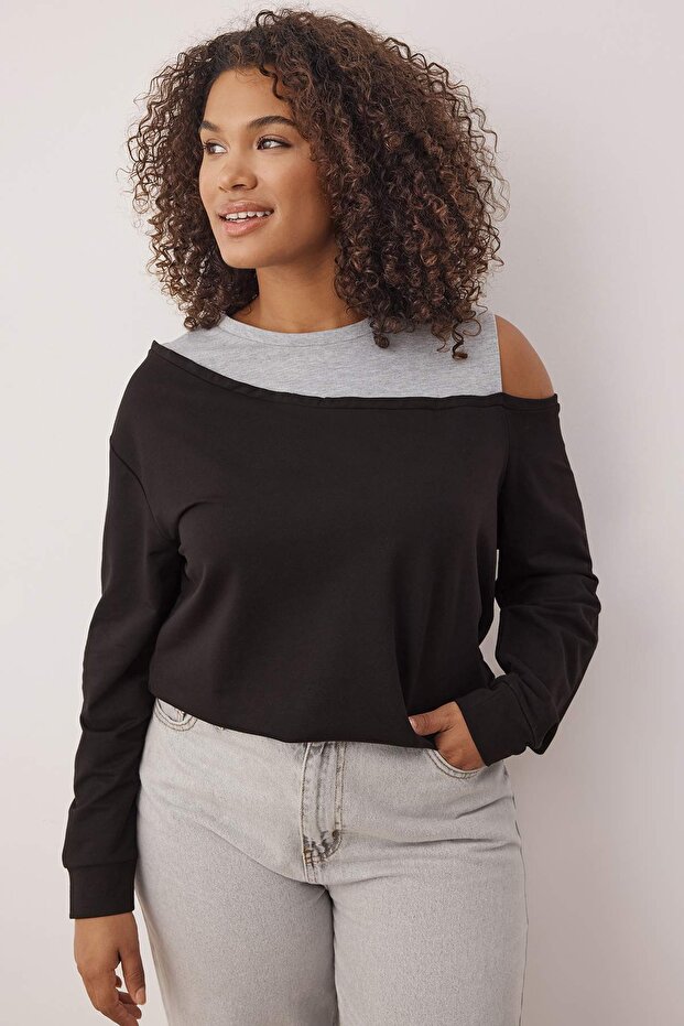 Siyah Bisiklet Yaka Omuz Detaylı İnce Örme Büyük Beden Sweatshirt TBBAW23AO00020 - 2