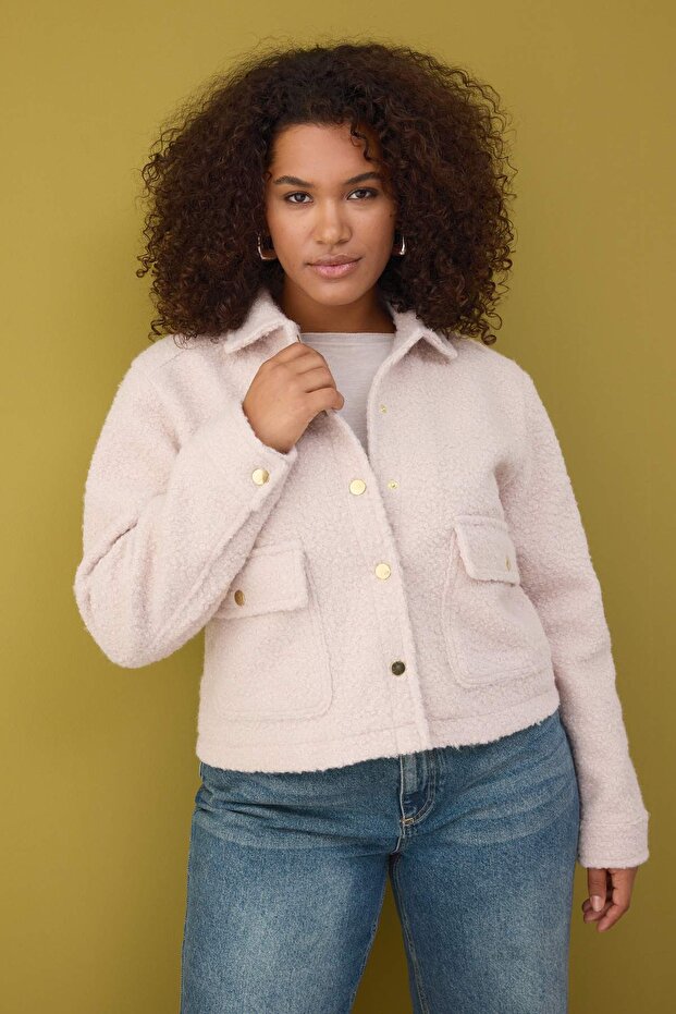 Ecru Regular Fit Boucle Plus Size Jacket Coat Twoaw26Aw00023 - 2