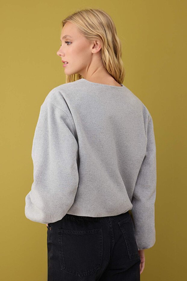 Gri Oversize Kalıp Kaşe Bomber Ceket Mont TWOAW26MO00143 - 4