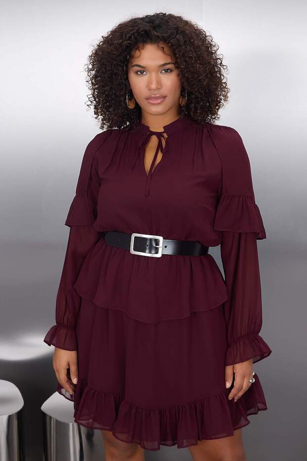 Bordó sifon gumírozott derékú, fodros mini szövésű nagy méretű ruha TBBAW26AH00003 - 3