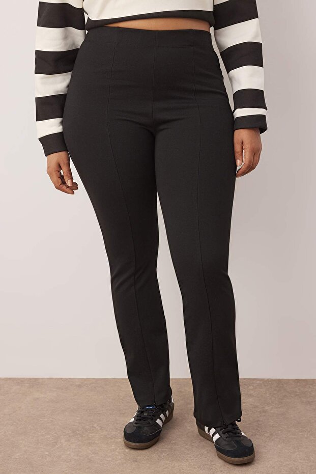 Siyah Skinny Yüksek Bel Paçası Fermuarlı Örme Büyük Beden Pantolon TBBSS23AR00011 - 4