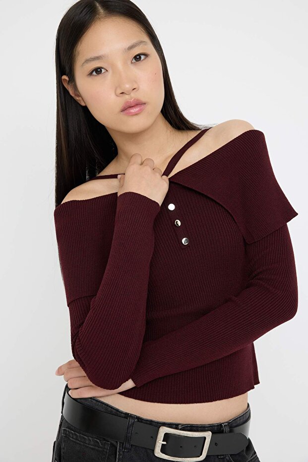 Bordo Premium İplik/Özel İplik Carmen Boyundan Askılı Triko Kazak TWOAW26KZ00076 - 1