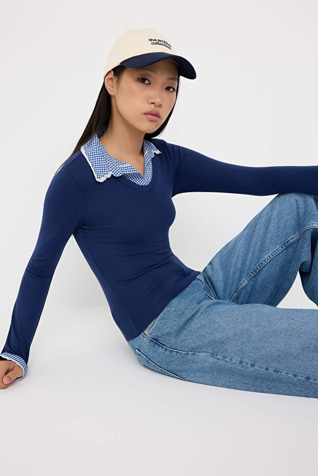 Teen Lacivert Ekose/Kareli Fitted/Vücuda Oturan Dokuma Detaylı Örme Bluz TWOAW26BZ00008 - 1