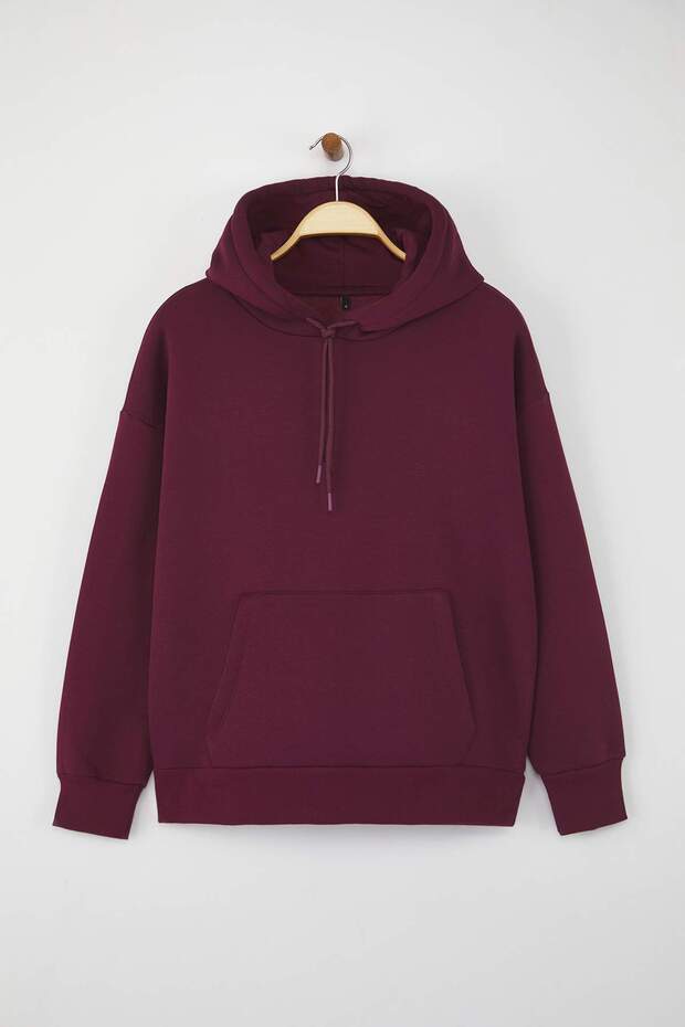 Mürdüm Kalın İçi Polarlı Oversize/Geniş Kalıp Kapüşonlu Basic Örme Sweatshirt TWOAW24SW00103 - 5