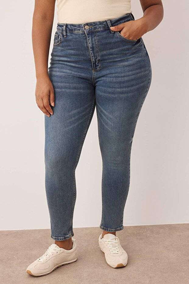 Mavi Yüksek Bel Esnek/Stretch Büyük Beden Skinny Jeans TBBAW23JE00003 - 3