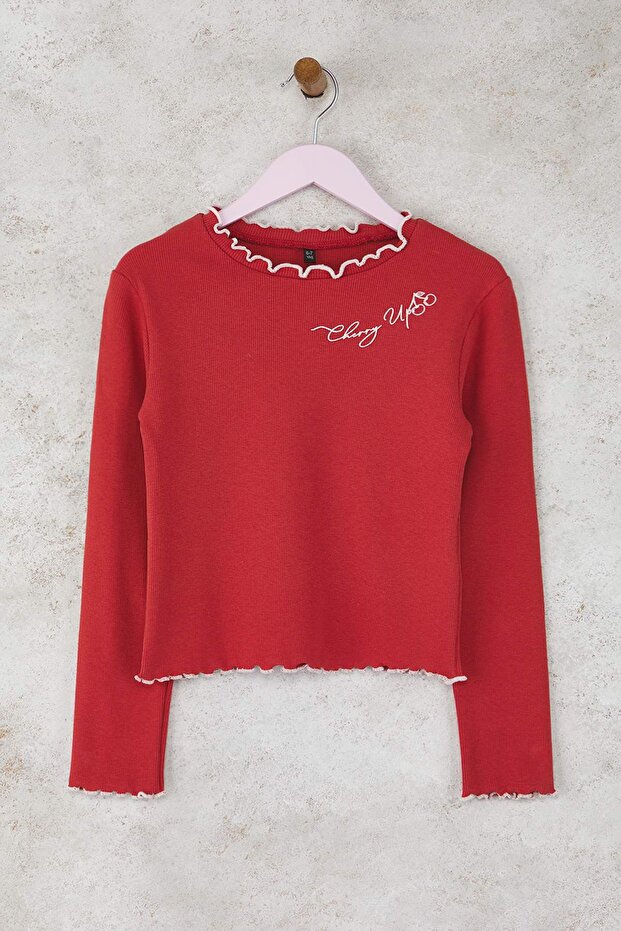 Ekru-Vişne Kırmızı Pamuklu 2'li Nakışlı Regular Fitilli Kız Çocuk Örme T-Shirt TKDAW26TS00011 - 5