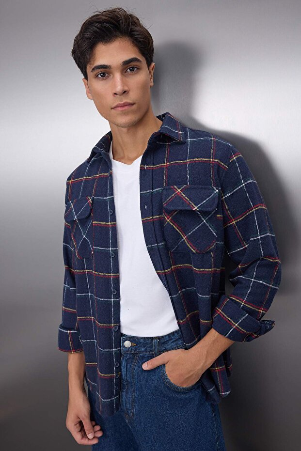Lacivert Regular Fit Uzun Kollu Çift Cepli Oduncu Kareli Kışlık Ceket Gömlek TMNAW20GO0485 - 2