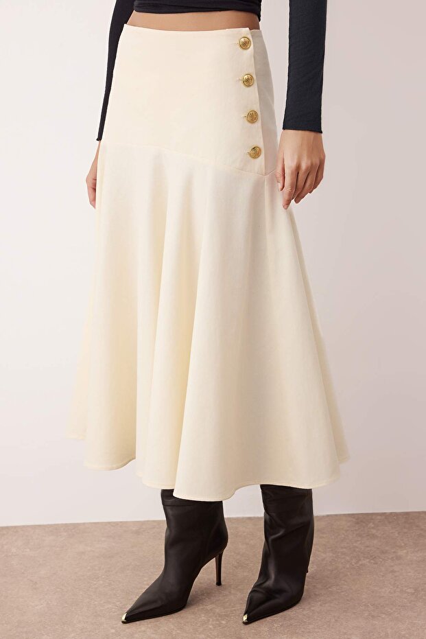 Taş Düğme Detaylı Midi Boy Pamuklu Gabardin Kloş Etek TWOAW26ET00033 - 3