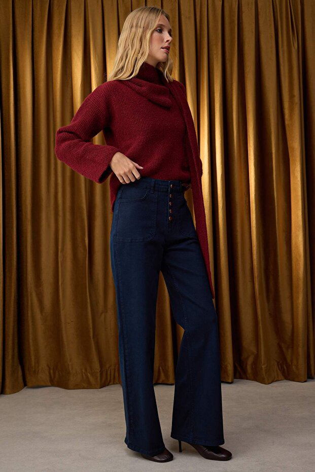 Özel Koleksiyon Lacivert Düğme Detaylı Yüksek Bel Wide Leg Comfort Esnek Rahat Jeans TWOAW26JE00017 - 3