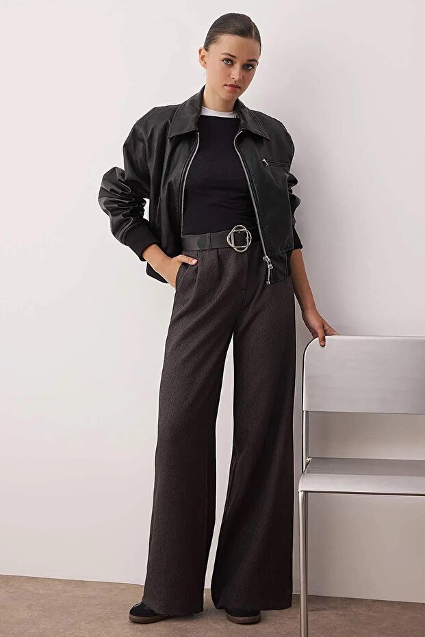 Gri Kemerli Wide Leg/Geniş Paça Kumaş Pantolon TWOAW26PL00033 - 1