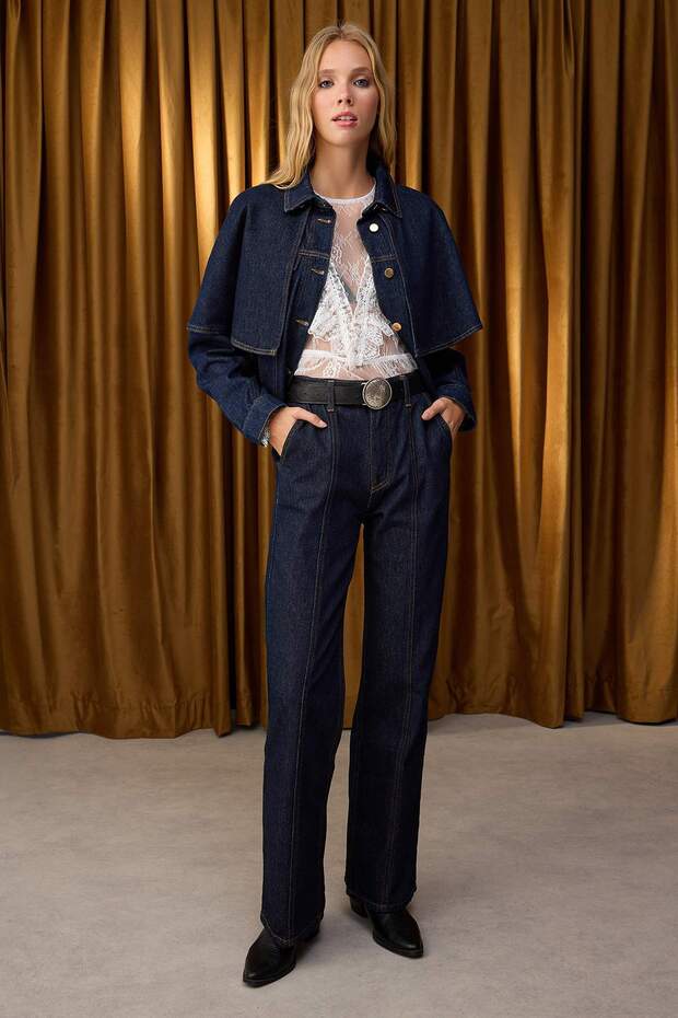 Özel Koleksiyon Koyu Mavi Dikiş Detaylı Yüksek Bel Wide Leg Jeans TWOAW26JE00002 - 1