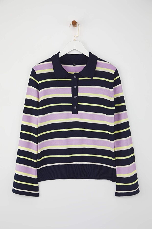 Lacivert Polo Yaka Çizgili Triko Kazak TWOAW26KZ00121 - 5