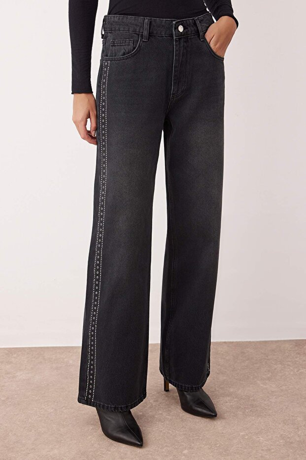 Siyah More Sustainable Yüksek Bel Aksesuar Detaylı Wide Leg Jeans TWOAW26JE00104 - 3