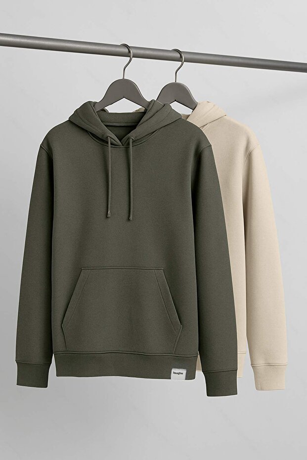 Haki-Taş 2'li Paket Kapüşonlu Regular Kesim İçi Polarlı Sweatshirt TMNAW24SW00000 - 8