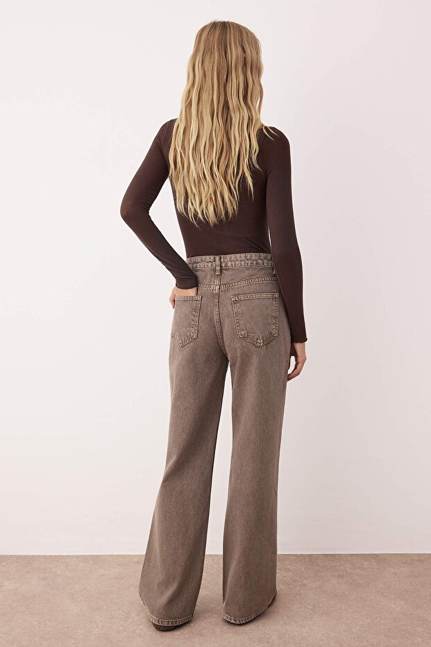 Kahverengi Yüksek Bel Vintage Yıkama Geniş Paça Wide Leg %100 Pamuk Jeans TWOAW26JE00124 - 3