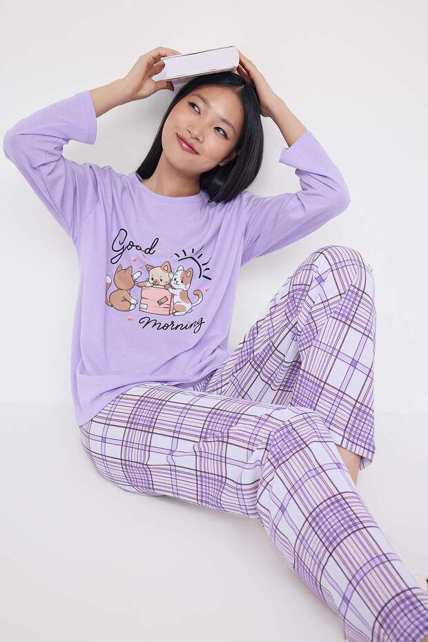 Teen Lila Ekoseli Kedi ve Slogan Baskılı Örme Pijama Takımı THMAW26PT00047 - 1