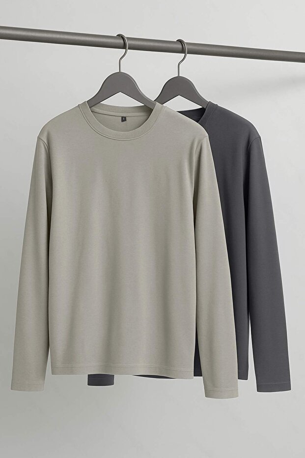 Antrasit-Gri 2'li Paket %100 Pamuk Uzun Kol Regular/Normal Kesim T-Shirt TMNAW24TS00001 - 1
