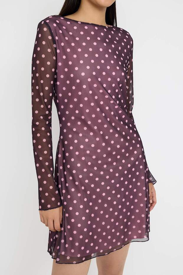 Mürdüm Puantiye Baskılı Tül Bodycon Kısa / Mini Astarlı Esnek Örme Elbise TWOAW26EL00138 - 3