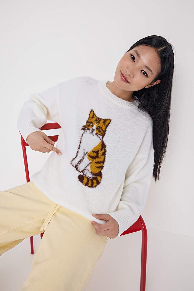 Trendyolmilla  Teen Ekru*001 Kedi Nakışlı Bisiklet Yaka Triko Kazak TWOAW26KZ00230 - Görsel 3