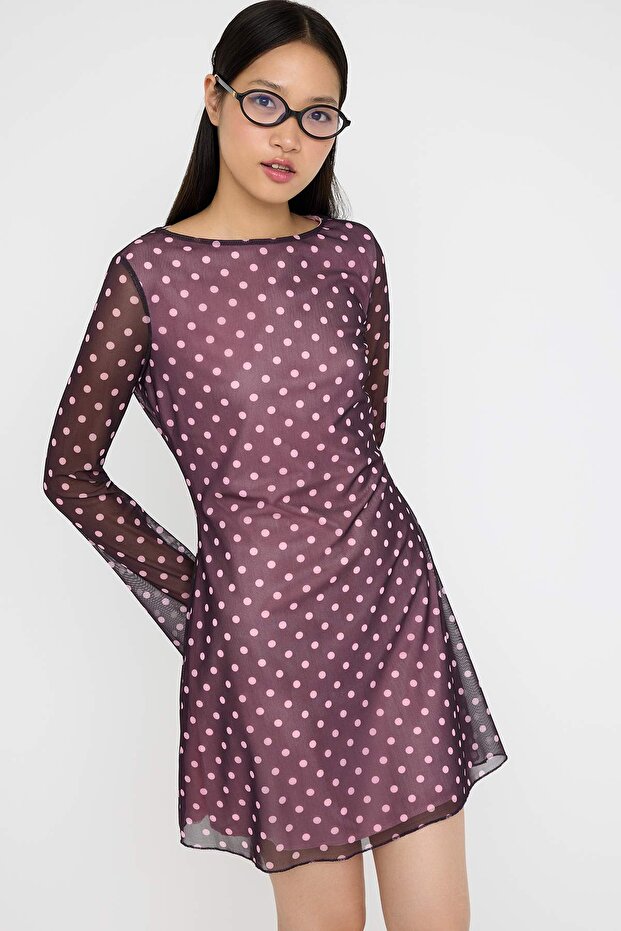 Mürdüm Puantiye Baskılı Tül Bodycon Kısa / Mini Astarlı Esnek Örme Elbise TWOAW26EL00138 - 2