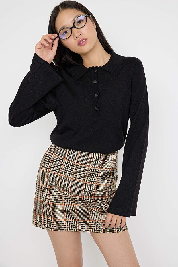 Teen Siyah*001 Polo Yaka Düz Triko Kazak TWOAW26KZ00121 - 1