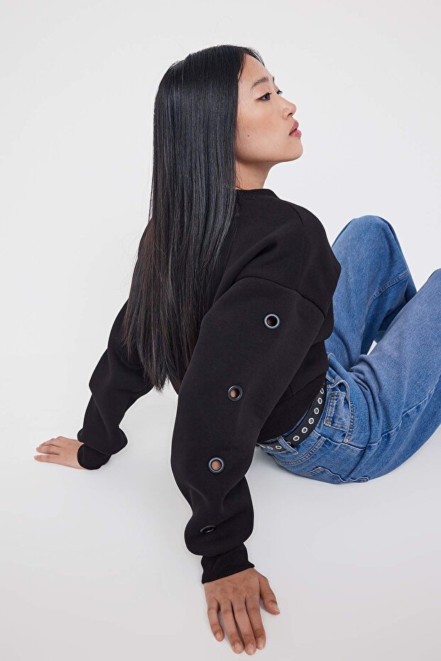 Teen Siyah Kuş Gözü Detaylı Regular/Normal Kalıp Örme Sweatshirt TWOAW26SW00144 - 3