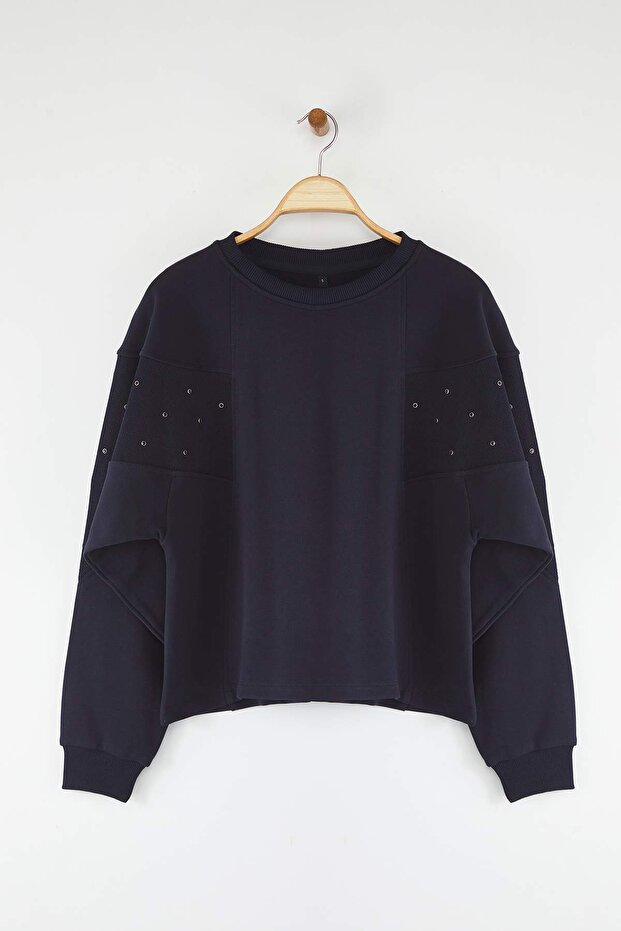 Lacivert Kuşgözü Aksesuar Detaylı Bisiklet Yaka Oversize/Geniş Kesim Örme Sweatshirt TWOAW26SW00038 - 5