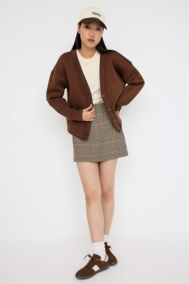 Kahverengi Oversize/Geniş Kalıp V yaka Full Düğme Kapama Kalın Esnek Örme Sweatshirt TWOAW26SW00013 - 2