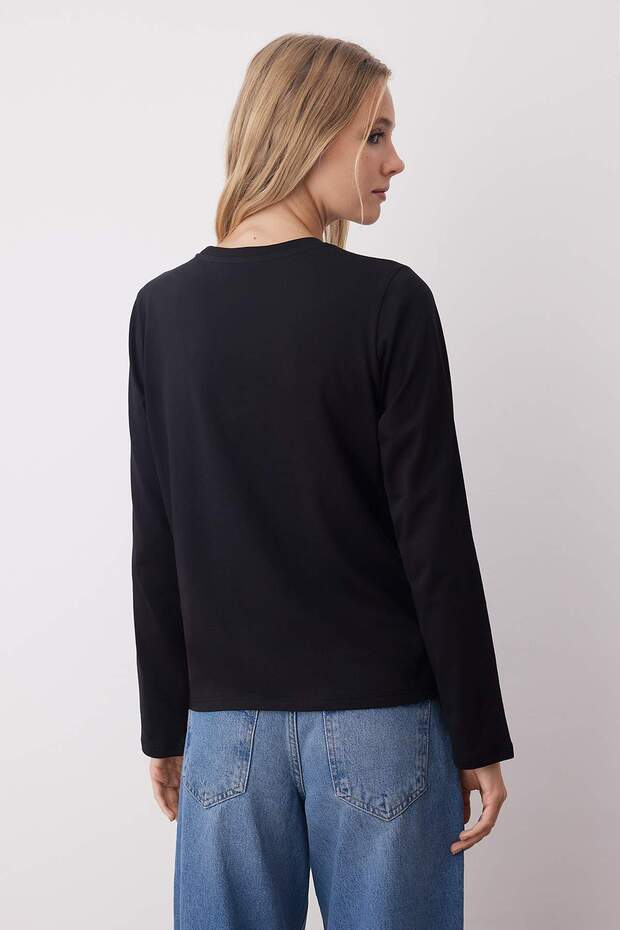 Siyah-Ekru-Kahverengi 3'lü Paket %100 Pamuk Bisiklet Yaka Uzun Kol Oversize/Geniş Kesim Örme T-shirt - 9