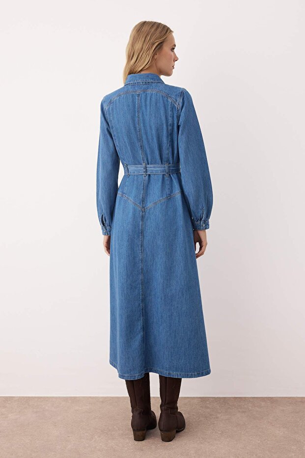 Mavi Kemer Detaylı Maxi Denim Elbise TWOAW26EL00044 - 4