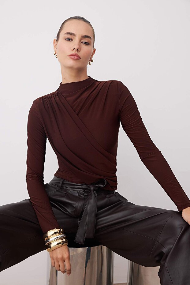 Brown Drawstring Knitted Party Blouse with Padding Detail Tpraw26Bz00020 - 1