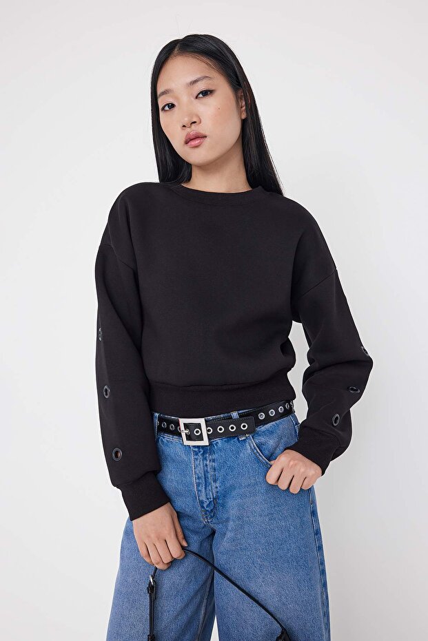 Teen Siyah Kuş Gözü Detaylı Regular/Normal Kalıp Örme Sweatshirt TWOAW26SW00144 - 2