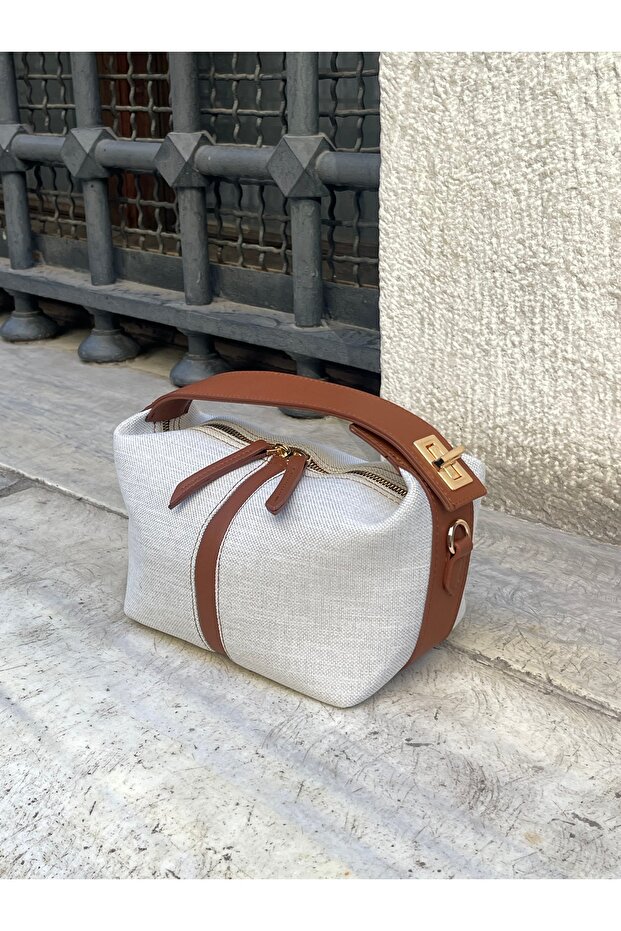 Tan Women's Linen Locked Sandal Hand and Shoulder Bag