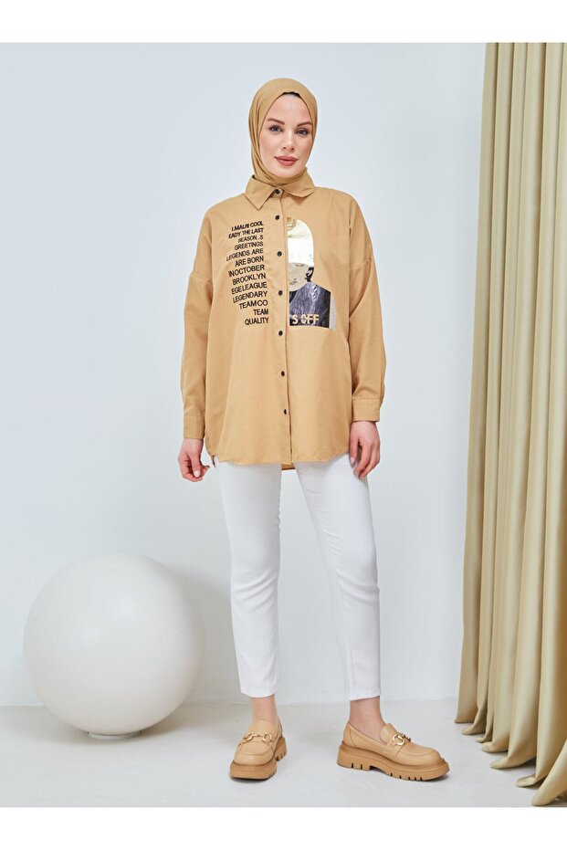 Embroidery and Stone Printed Tunic - Biscuit - Sahra Butique