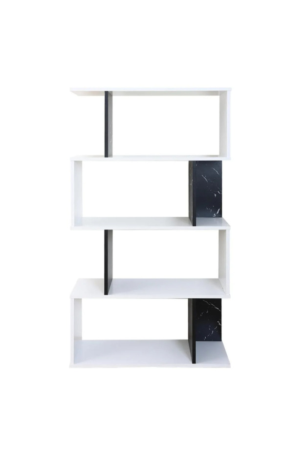 Open Shelf Unit 4 Levels - Malaysian Wood - White and Black Marble - 2