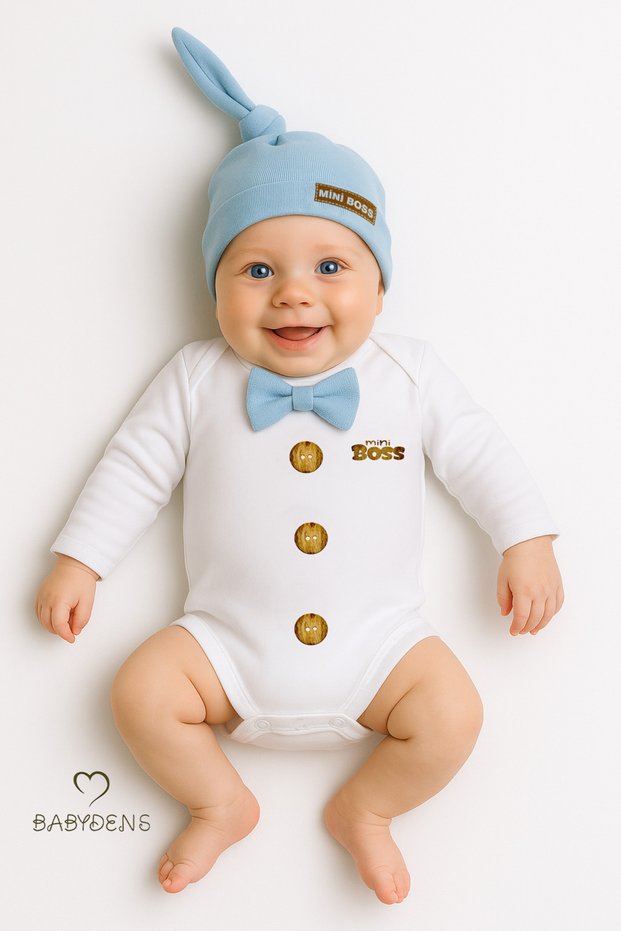 Little Boss Baby Boy Long Sleeve Snap Body and Beanie Set Button Printed with Bow Tie 100% Cotton