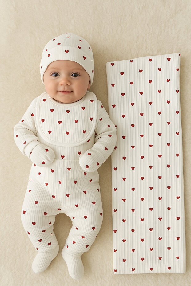 Corded Fabric Heart Patterned 6-Piece Newborn Cotton Hospital Take-Home Set with Blanket