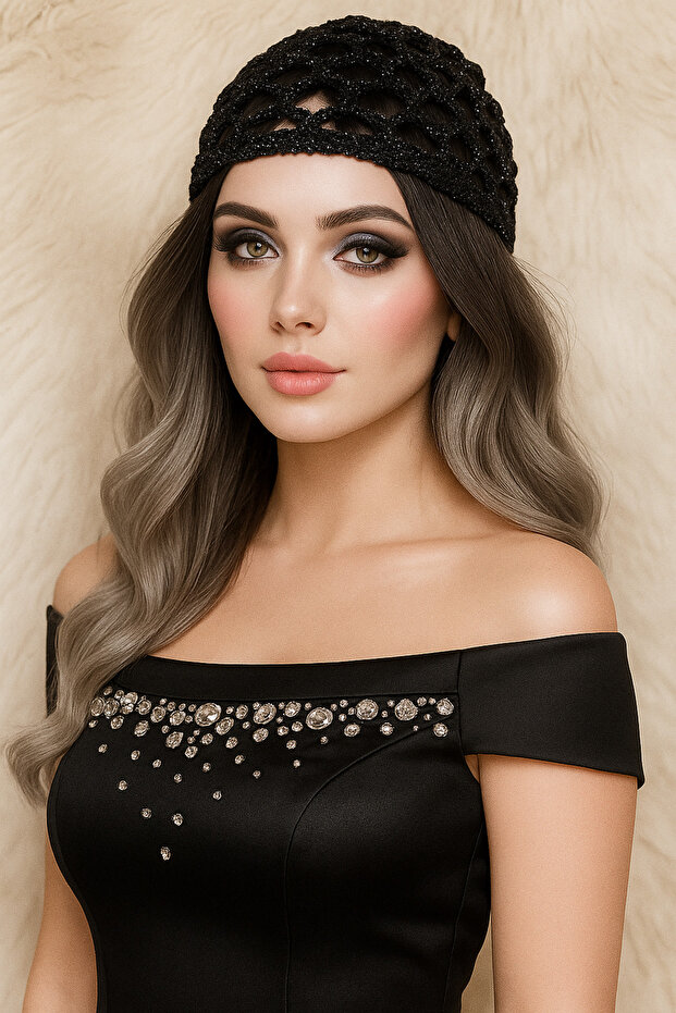 Black Silvery Evening Hair Accessory/Crochet Knitted Beanie/New Trend/Mesh Hat/Cleopatra Hat/Gift