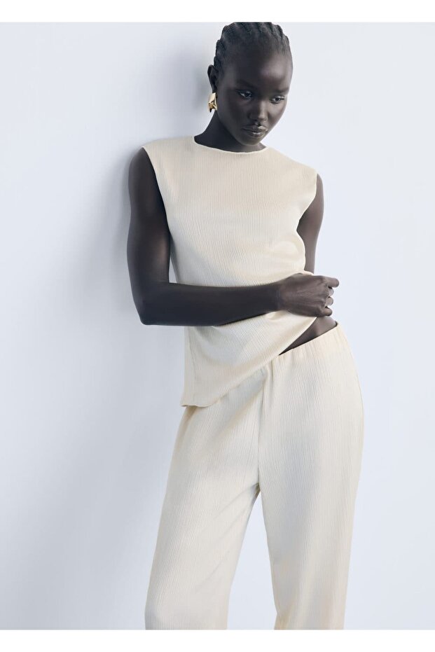 Pileli elastik belli pantolon - 7