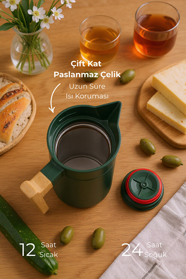 North Bambu Saplı Çelik Termos Yeşil 2 Litre - 5