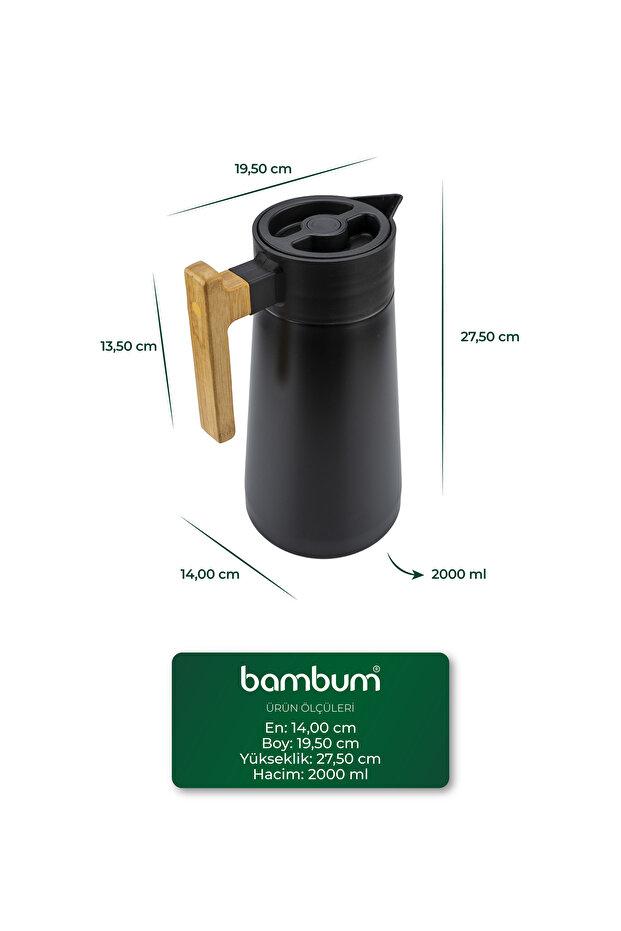 North Bambu Saplı Çelik Termos Siyah 2 Litre - 7