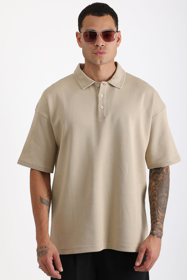 Double Pique Fabric Loose Fit Men's Polo Neck T-Shirt with Collar and Sleeve Stitching Detail