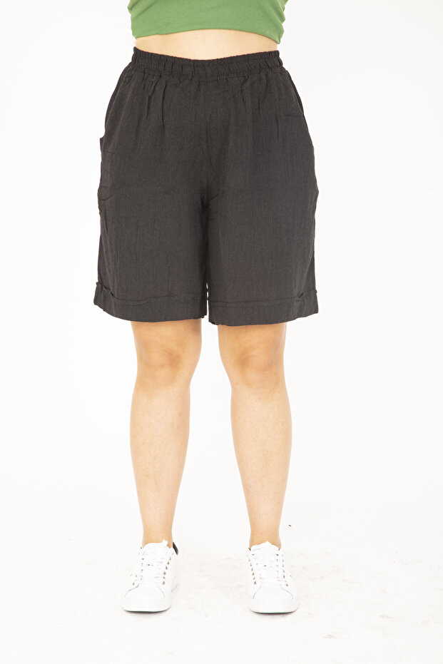 Women's Large Size Anthracite Woven Viscose Fabric Shorts with Elastic Waist 65N36801
