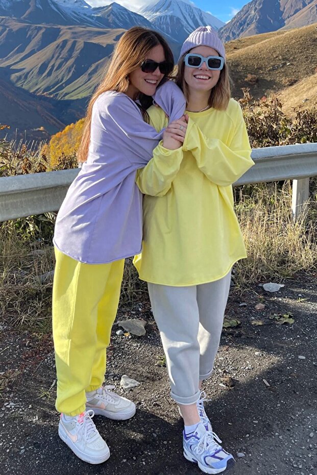 Sarı Basic Bisiklet Yaka Kadın Sweatshirt Mg1676 - 6