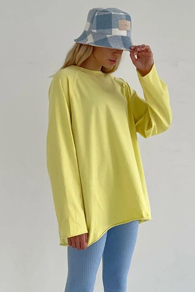 Sarı Basic Bisiklet Yaka Kadın Sweatshirt Mg1676 - 2