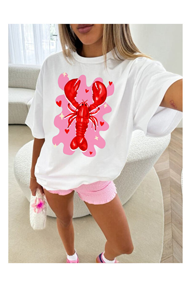 Heart and Lobster Patterned Unisex Oversize T-Shirt